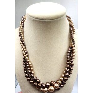 Vintage Roman Brown Triple Strand Torsade Faux Pearl Necklace 18 in